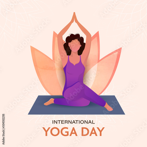 International Yoga Day Concept With Faceless Young Lady Practicing Yoga Sukhasana Pose And Lotus Flower On Pastel Peach Background.