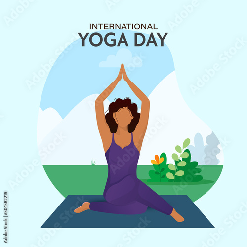 International Yoga Day Concept With Faceless Young Lady Practicing Yoga Sukhasana Pose On Light Turquoise Natural View Background.
