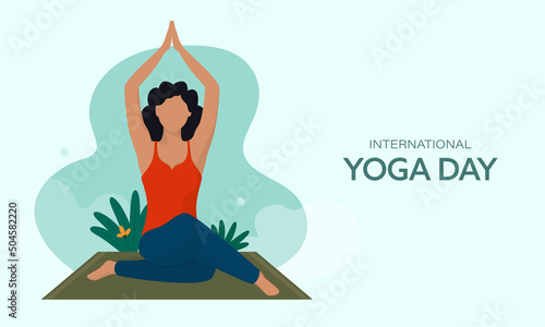 International Yoga Day Concept With Faceless Young Lady Practicing Yoga Sukhasana Pose On Blue Background.