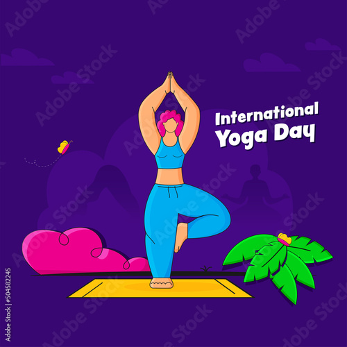 International Yoga Day Concept With Faceless Young Lady Practicing Vrikshasana Pose On Purple Background.