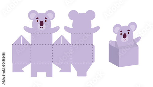 Simple packaging favor box koala design for sweets, candies, small presents. Party package template for any purposes, birthday, baby shower. Print, cut out, fold, glue. Vector stock illustration