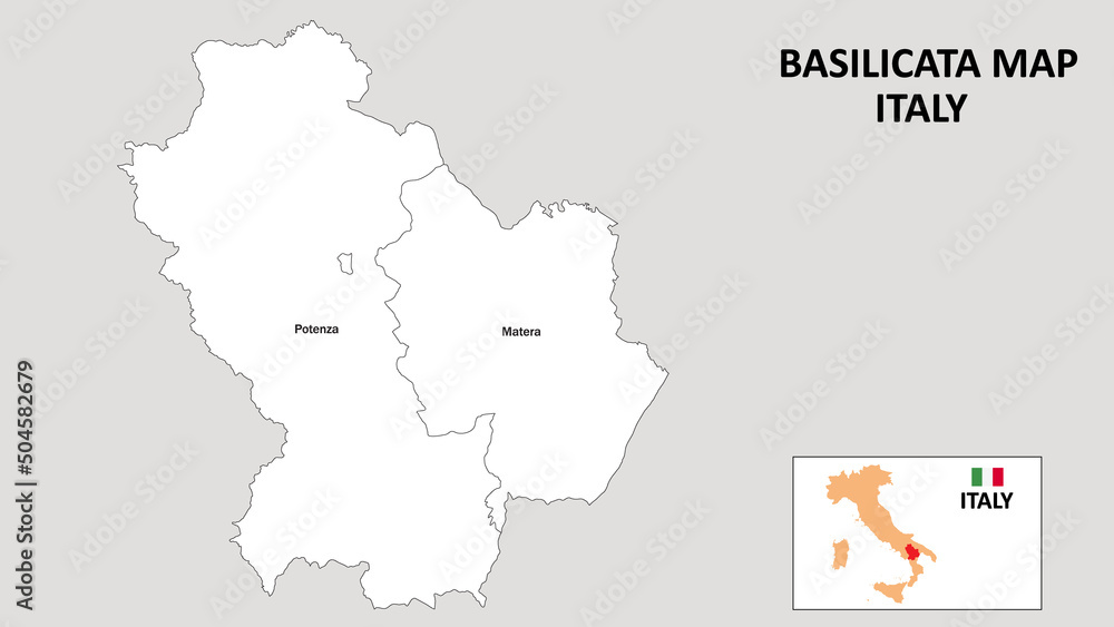 Basilicata Map. State and district map of Basilicata. Administrative map of Basilicata with district and capital in white color.