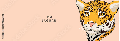 Head of a jaguar looks seriously to the side on a beige background with the text