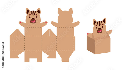 Simple packaging favor box hyena design for sweets, candies, small presents. Party package template for any purposes, birthday, baby shower. Print, cut out, fold, glue. Vector stock illustration
