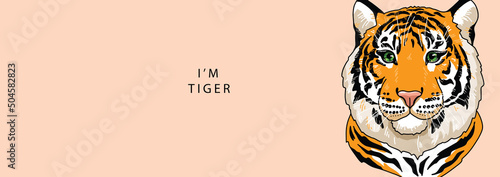 Head of a tiger looks seriously to the side on a beige background with the text