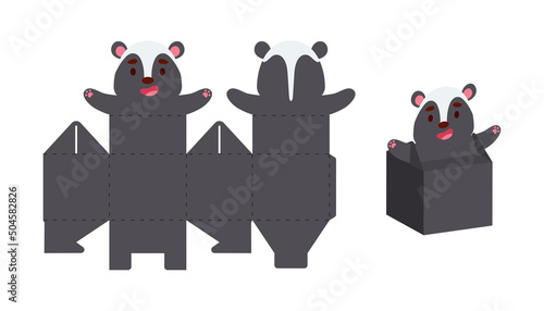 Simple packaging favor box skunk design for sweets, candies, small presents. Party package template for any purposes, birthday, baby shower. Print, cut out, fold, glue. Vector stock illustration