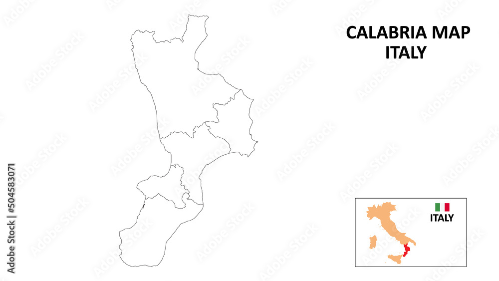 Calabria Map. State and district map of Calabria. Political map of Calabria with outline and black and white design.