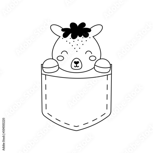 Cute alpaca sitting in pocket. Animal face in Scandinavian style for kids t-shirts, wear, nursery decoration, greeting cards, invitations, poster, house interior. Vector stock illustration