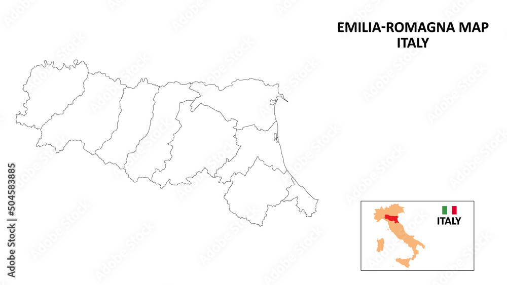 Emilia Romagna Map. State and district map of Emilia Romagna. Political map of Emilia Romagna with outline and black and white design.