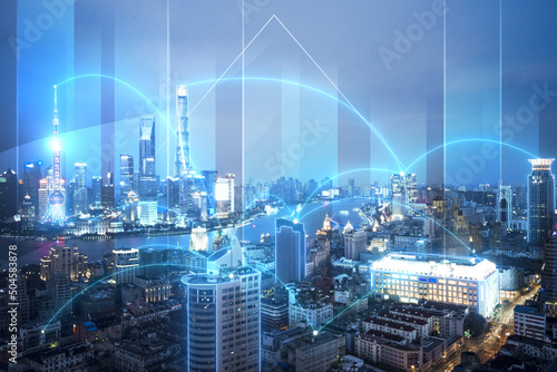 Technical picture of the concept of interconnection of all things in urban background