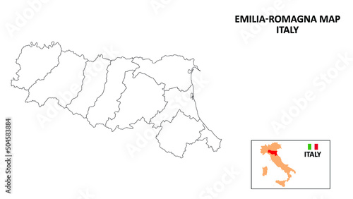 Emilia Romagna Map. State and district map of Emilia Romagna. Political map of Emilia Romagna with outline and black and white design.