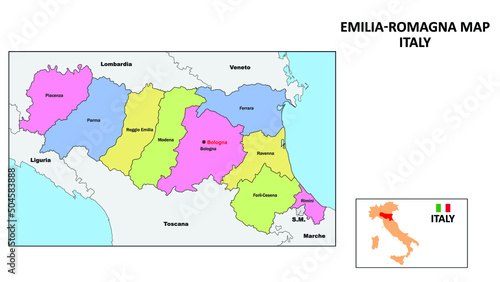 Emilia Romagna Map. State and district map of Emilia Romagna. Political map of Emilia Romagna with the major district