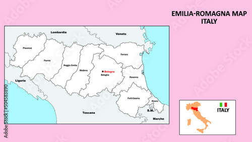 Emilia Romagna Map. Political map of Emilia Romagna with boundaries in white color.