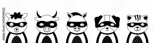 Cute super hero character animals. Desing for kids t-shirts, nursery decoration, greeting cards. Cute characters in scandinavian style. Black and white set of alpaca, bull, donkey, dog, cat.