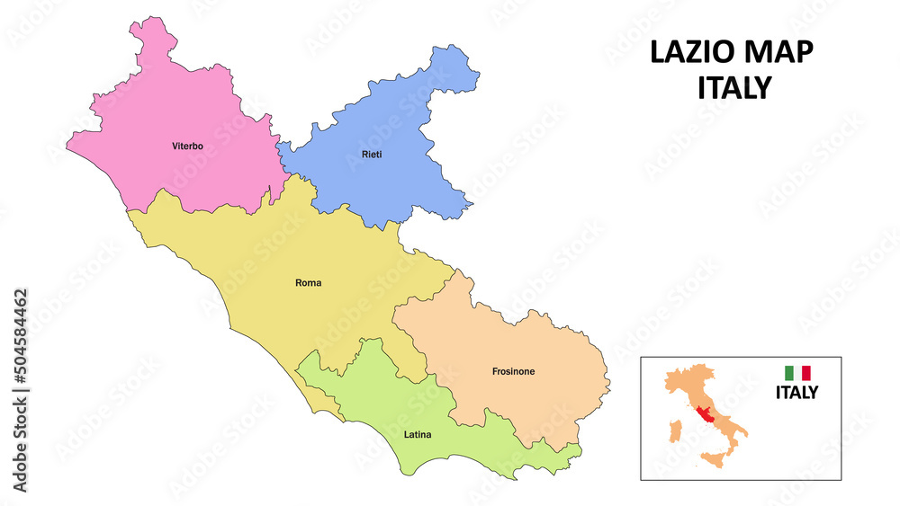 Lazio Map. District map of Lazio in District map of Lazio in color with capital.