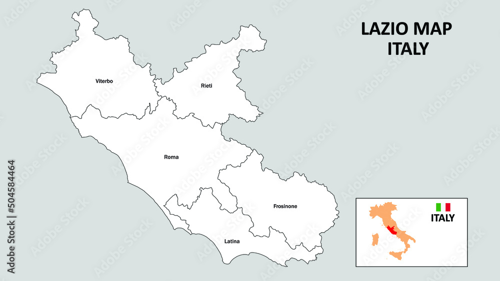 Lazio Map. State and district map of Lazio. Administrative map of Lazio with district and capital in white color.