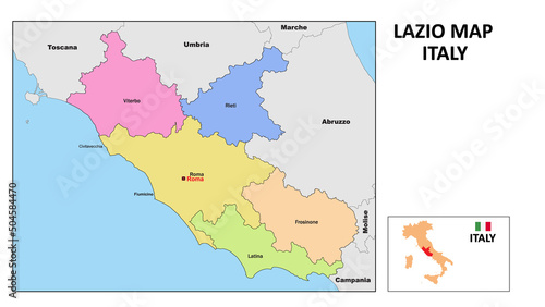 Lazio Map. State and district map of Lazio. Political map of Lazio with neighboring countries and borders.