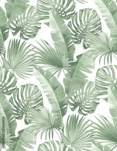Seamless pattern with tropical palm leaves. Realistic style. Foliage summer background. Vector illustration.