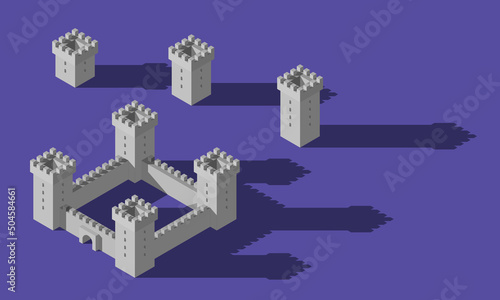 Set of vector isometric  grey castle with towers and walls and long shadow