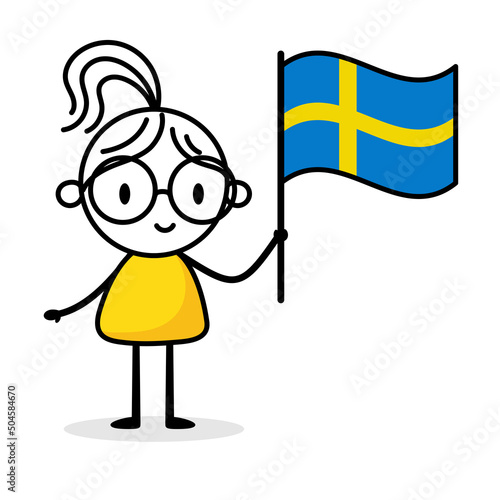 Woman holding flag of Sweden isolated on white background. Hand drawn doodle line art man. Concept of country. Vector stock illustration