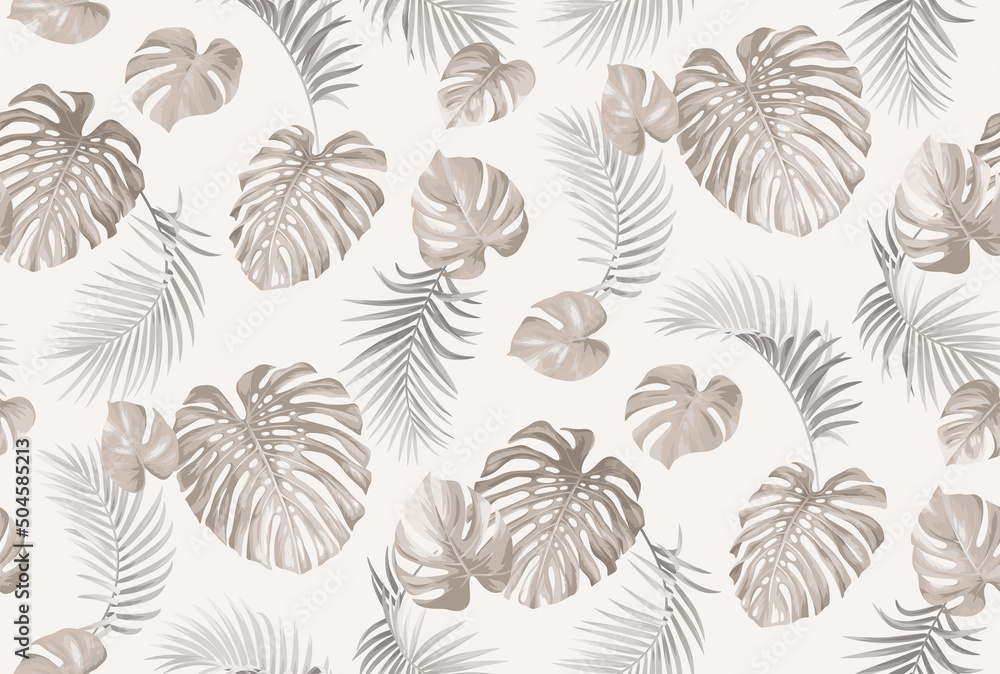 Vintage seamless pattern with tropical palm leaves in realistic style. Exotic plants. Vector botanical illustration. Foliage background for wallpaper, textile, wrapping paper and greeting card.