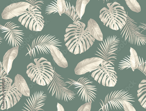 Vintage seamless pattern with tropical palm leaves in realistic style. Exotic plants. Vector botanical illustration. Foliage background for wallpaper, textile, wrapping paper and greeting card.