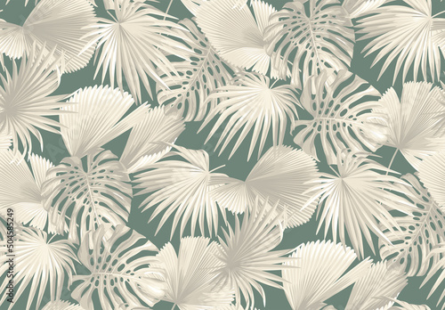 Vintage seamless pattern with tropical palm leaves in realistic style. Exotic plants. Vector botanical illustration. Foliage background for wallpaper, textile, wrapping paper and greeting card.
