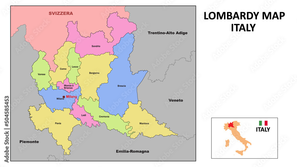 Lombardy Map. State and district map of Lombardy. Political map of Lombardy with neighboring countries and borders.