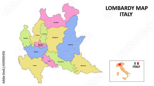 Lombardy Map. District map of Lombardy in District map of Lombardy in color with capital.