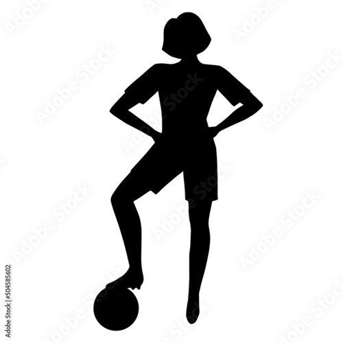 Silhouette of athletic slim girl football soccer player standing with her feet on the ball. Black color art silhouette contour isolated on white background. Vector illustration.