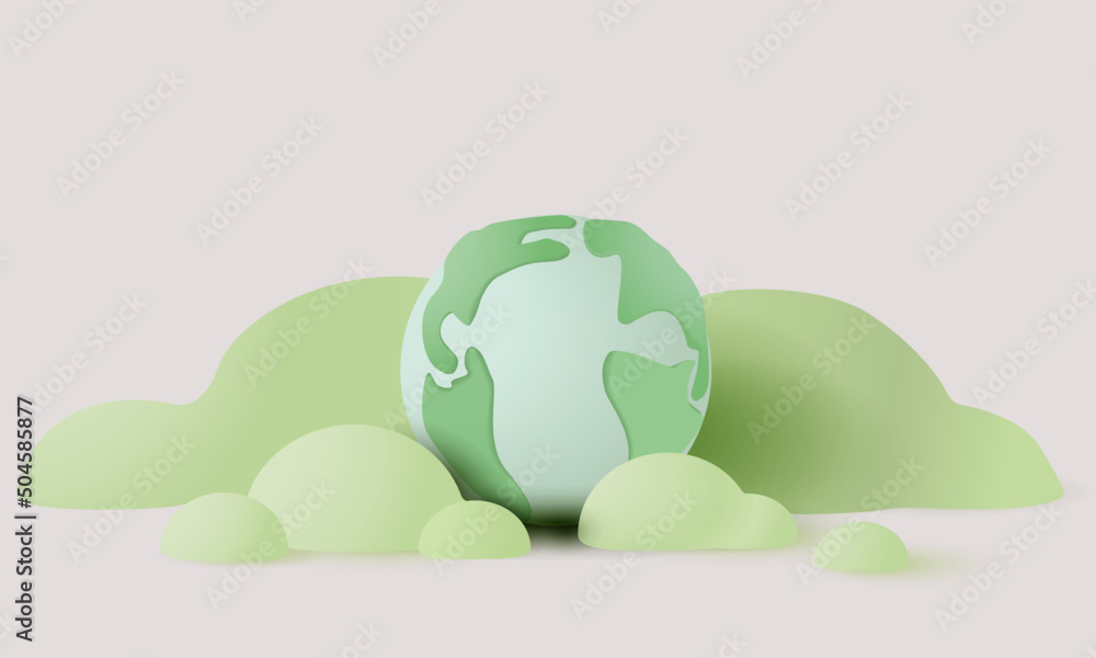 Happy earth day concept.Earth and Clouds with paper texture on pastel color background.Minimal scene for mockup design. 3D rendering illustration. - obrazy, fototapety, plakaty 