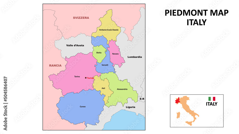 Piedmont Map. State and district map of Piedmont in Italy. Political map of Piedmont with neighboring countries and borders.