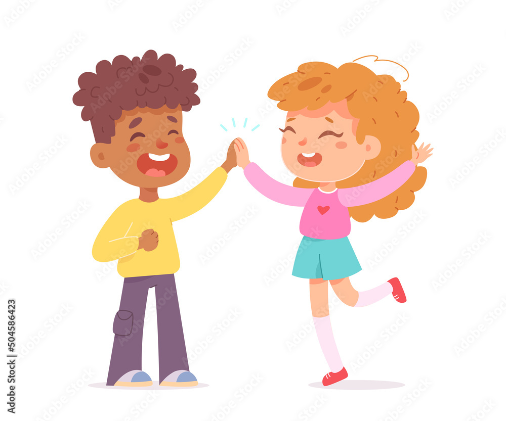 Cute boy and girl giving high five to each other with slap, happy children meeting Cute boy and girl giving high five to each other with slap, happy children meeting