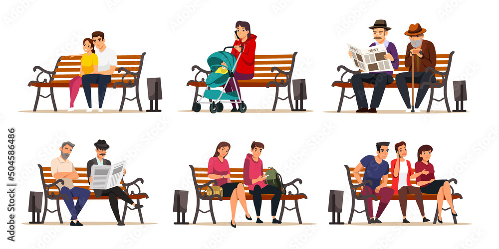 People sit on bench in city park, girl waiting, couple dating, man reading newspaper - obrazy, fototapety, plakaty 