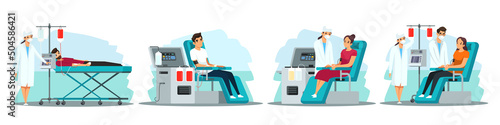 Donors donating blood in hospital illustration set. Medical healthcare organization vector. Woman sitting in chair, man lying, doctor and nurse helping. Professional laboratory or foundation.
