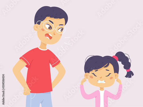 Angry yelling parent and upset child, girl ignoring man, stubborn kid covering ears