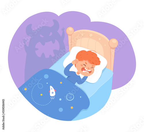 Scared kid dreaming of scary monster sleeping in bed. Childhood fears vector illustration. Small freightened boy having bad nightmare in bedroom at night. Dark shadow of monster.