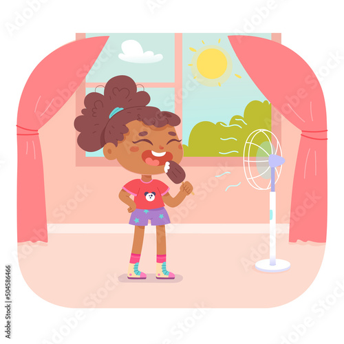 Cute kid eating ice cream at home, adorable girl standing near summer window and fan