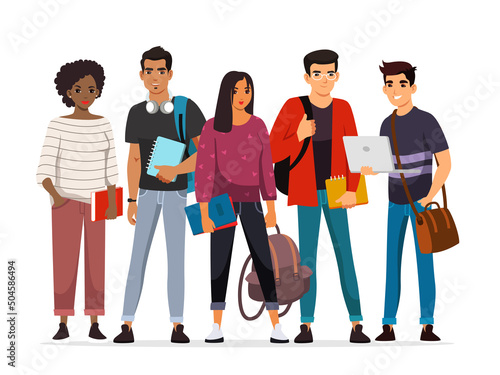 College or university students group. Young happy people standing isolated on white background. Higher academic education vector illustration. Diverse multicultural meeting.