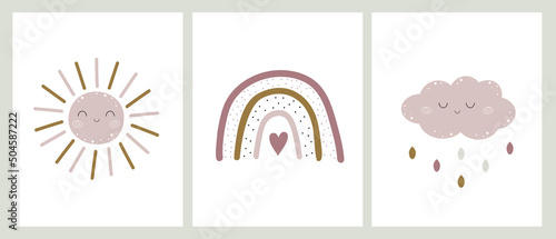 Hand drawn collection cute weather themed elements. Funny rainbow, sun and cloud with raindrops. Wall art nursery. Design for baby textiles, decoration playroom, baby shower. Kids poster.