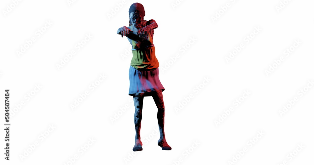 zombie scary woman walks with her arms outstretched not isolated white background. 3d render zombie scary woman walks with her arms outstretched not isolated white background. 3d render
