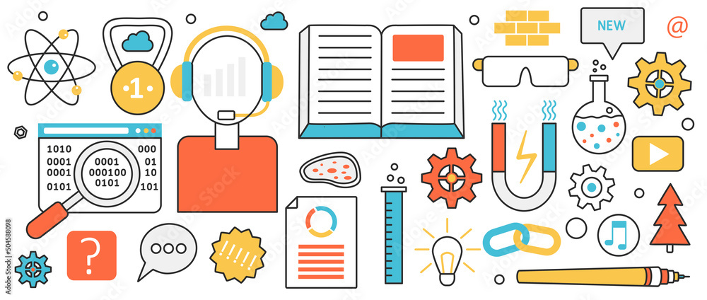 Science and education, business technology to explore new creative solutions. Abstract digital data research, future vision and career support in infographic concept banner, thin line art design Science and education, business technology to explore new creative solutions. Abstract digital data research, future vision and career support in infographic concept banner, thin line art design
