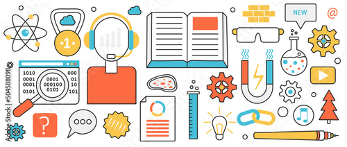 Science and education, business technology to explore new creative solutions. Abstract digital data research, future vision and career support in infographic concept banner, thin line art design