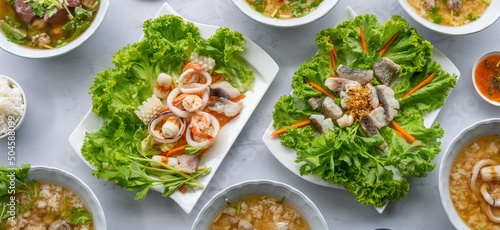 Thai Style Boiled Rice Soups wtih Fresh Seafood and Pork