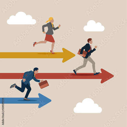 Business competition, contest or rivalry against competitors to increase sales for victory, performance compare to other employees concept, businessman and woman compete running on arrow racetrack.