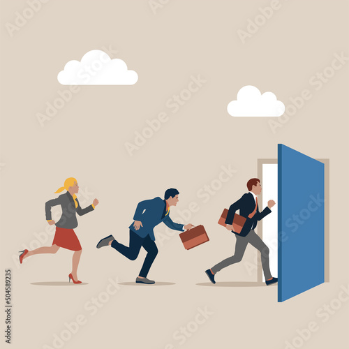 Great resignation, employee resign, quit or leaving company, people management or human resources problem concept, business people employee resign and walk through exit door.