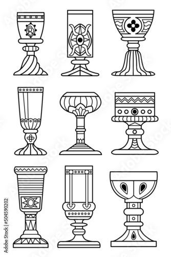 Vector set of nine contour drawings of ornamented fantasy goblets with inlay and decorations. Medieval style chalices. Graphic illustration for logo, card, poster, banner.