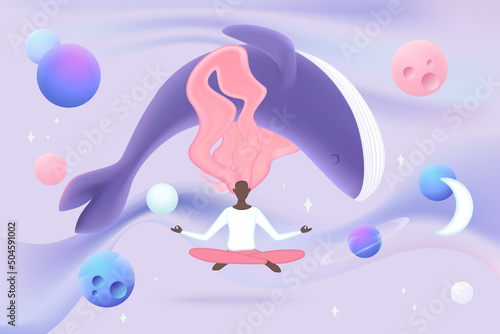 Keep calm and care spiritual health. Peaceful concentration and tranquil balance in zen lotus position of happy tiny woman training with whale flat vector illustration. Wellness, harmony concept