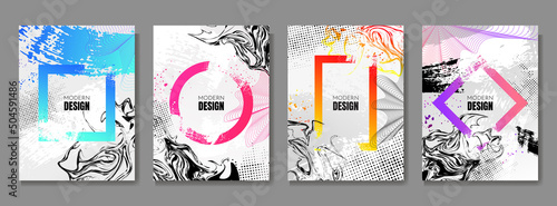 Vector illustration. Grunge frame gradient color. Halftone dots, grunge ink, marble liquid texture. Design elements for poster, book cover, magazine, flyer, layout, greeting or business card, brochure