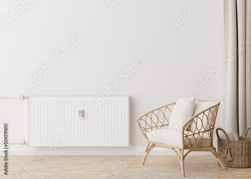 White heating radiator with thermostat on white wall in modern room. Central heating system. Free, copy space for your text. 3D rendering.
